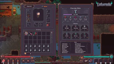 Emberville character stats and inventory panels showing attributes and equipment slots