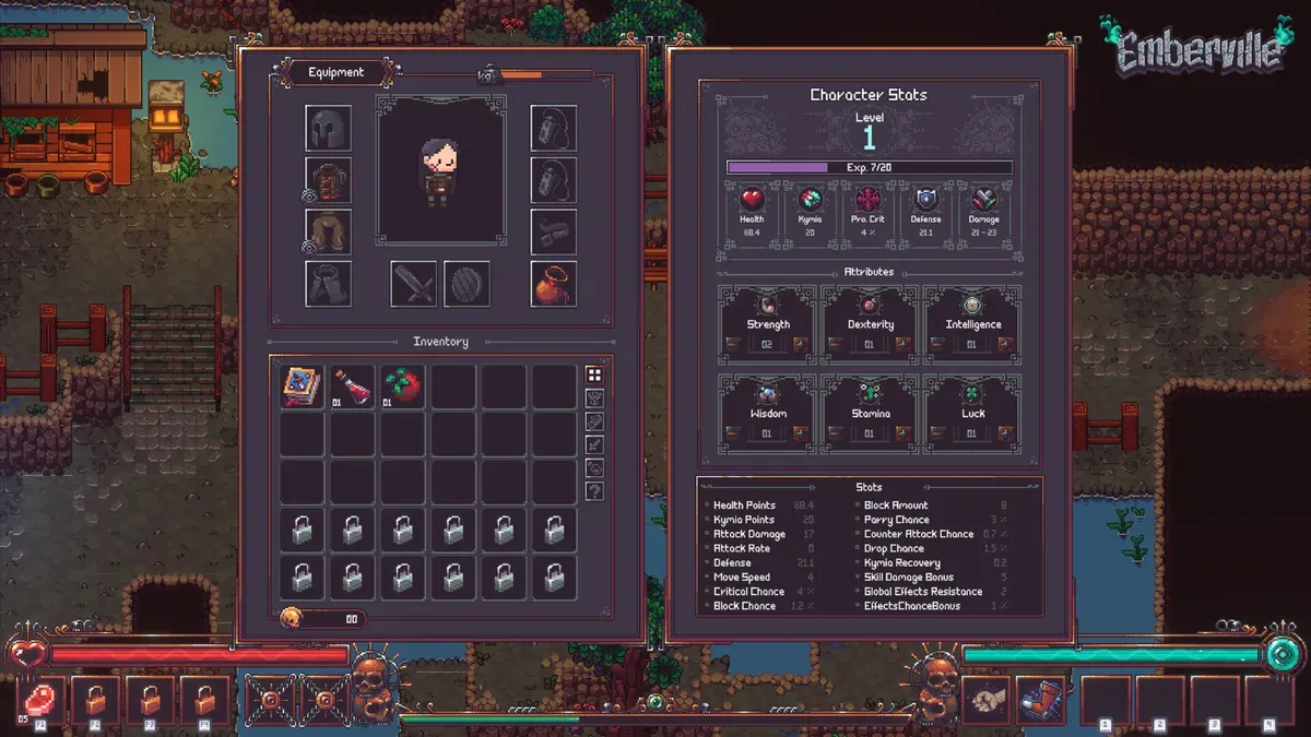Emberville character stats and inventory panels showing attributes and equipment slots