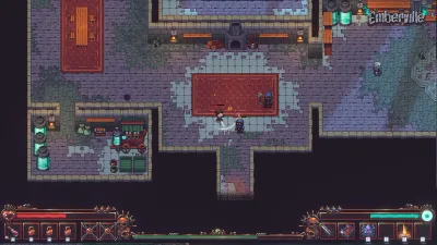 Emberville dungeon corridor with red carpets and stone pillars