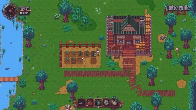 Emberville village with fenced farm plots and timber houses