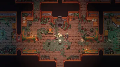 Emberville dungeon interior with lit torches and stone doorways