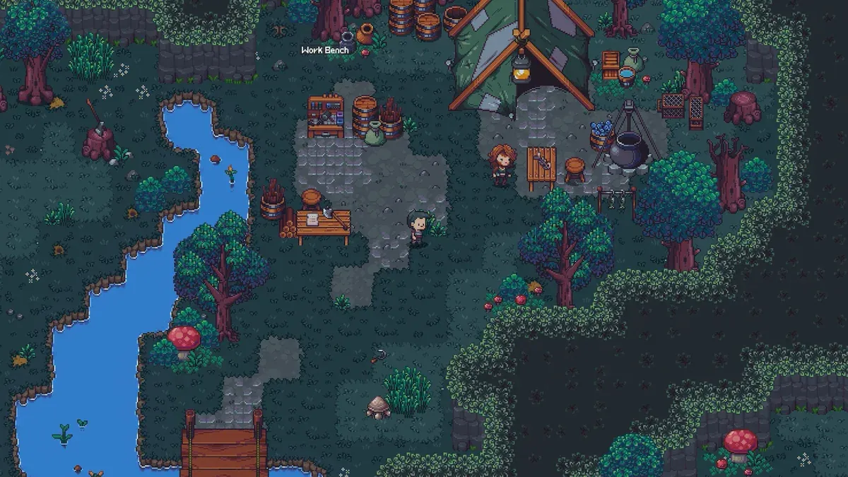 Emberville town overview with a river, paths and dense forest