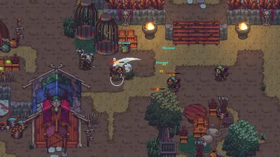 Emberville village with brick-roofed houses, villagers and a lit torch
